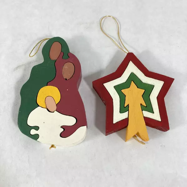 Set of 7 Assorted Handmade Wood Puzzle Christmas Ornaments Angel Star Stocking