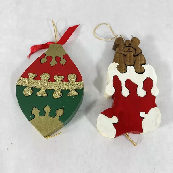 Set of 7 Assorted Handmade Wood Puzzle Christmas Ornaments Angel Star Stocking
