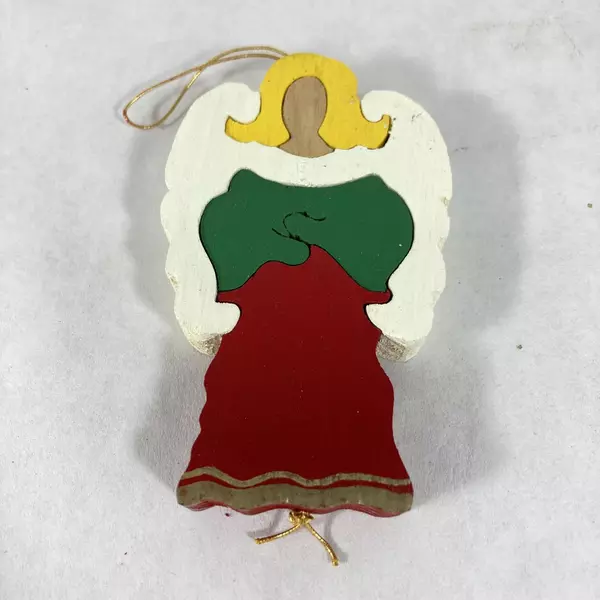 Set of 7 Assorted Handmade Wood Puzzle Christmas Ornaments Angel Star Stocking