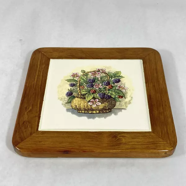 Wood 'N' Toys Handmade Cork Back Tile Trivet Basket Black Berries 8.75 Inch
