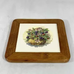 Wood 'N' Toys Handmade Cork Back Tile Trivet Basket Black Berries 8.75 Inch