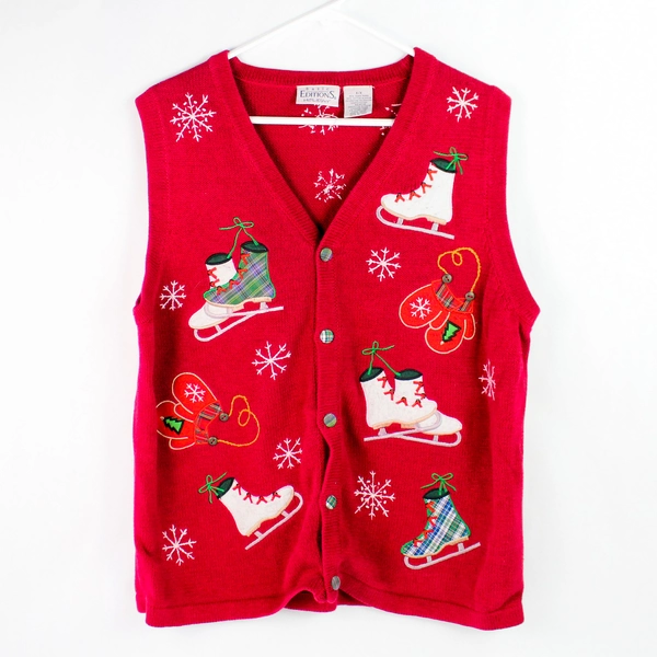 Vintage Red Holiday Cardigan Vest X/X with Snowflakes & Ice Skates