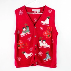 Vintage Red Holiday Cardigan Vest X/X with Snowflakes & Ice Skates