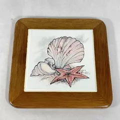 Wood N Toys Handmade Cork Back Tile Trivet Sea Shells Star Fish 8.75 x 8.75 Inch