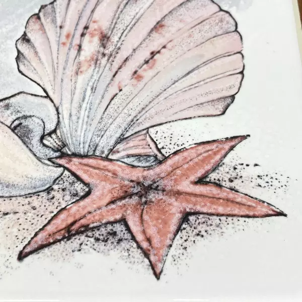 Wood N Toys Handmade Cork Back Tile Trivet Sea Shells Star Fish 8.75 x 8.75 Inch