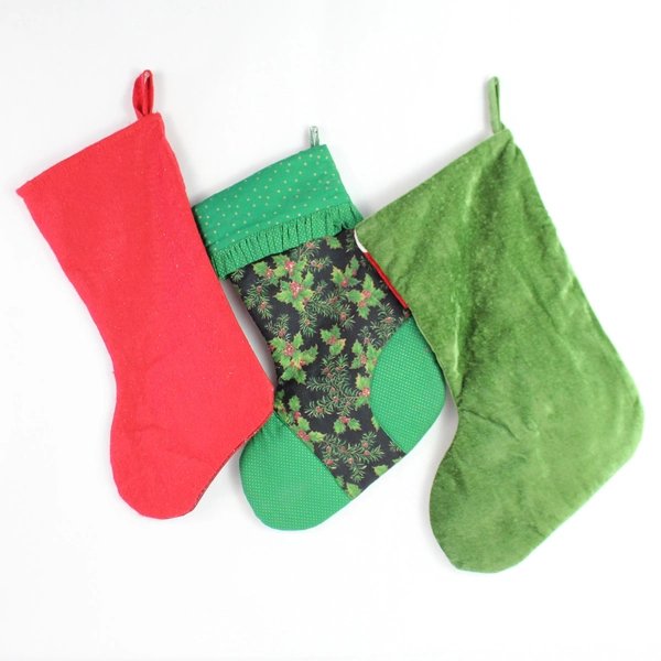 Lot of 3 Unbranded Christmas Tree Stockings, Snowman, Green Holly, Red Snowflake