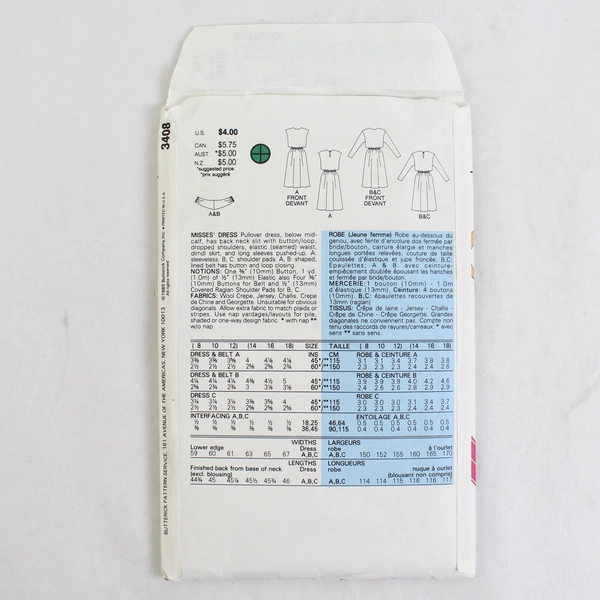 Vintage 1980 Butterick 3408, Sz Miss 8 10 12 Dress Belt Uncut