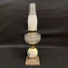 Vtg Eagle Patterned Glass And Hand Painted Ceramic Oil Lamp Yellow Pink Flowers
