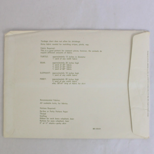 Vintage 1971 Stretch & Sew Stuffy Toys Sewing Pattern No. 801