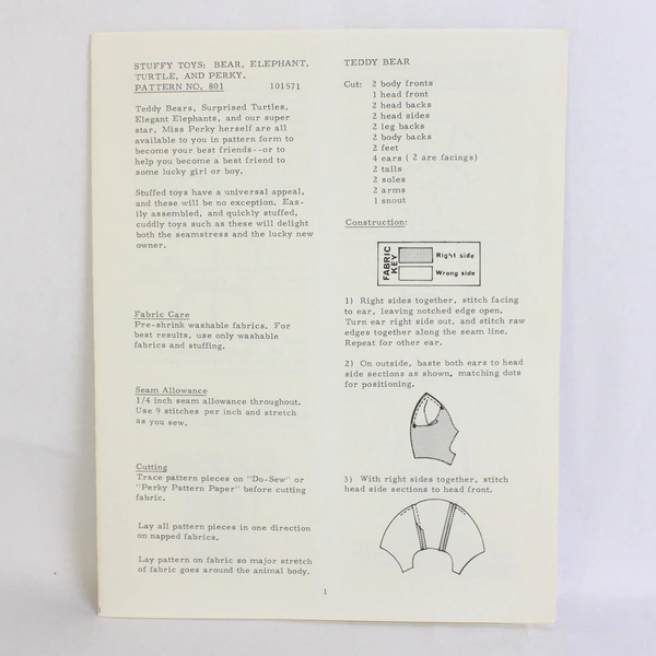 Vintage 1971 Stretch & Sew Stuffy Toys Sewing Pattern No. 801