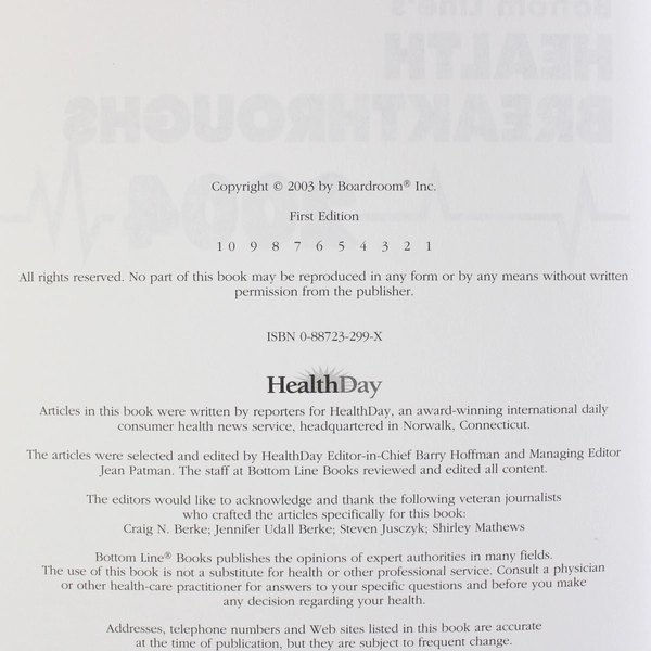 Bottom Line Books Health Breakthroughs 2004 By Bottom Line 2003 Hardcover