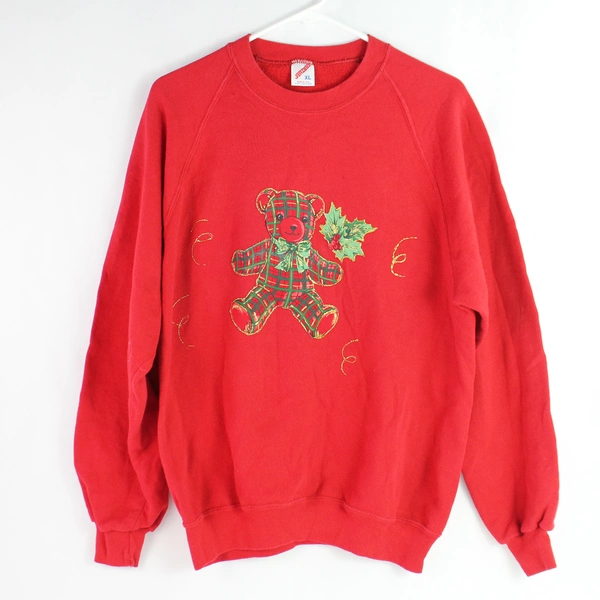 XL Red Jerzees Christmas Sweatshirt w/ Plaid Teddy Bear & Holly Design