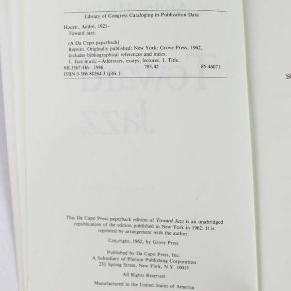 Toward Jazz by Andre Hodeir 1962 Paperback