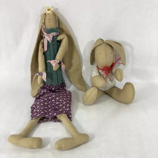Lot of 2 Handcrafted Tan Cloth Rabbit Dolls Charming Collectibles