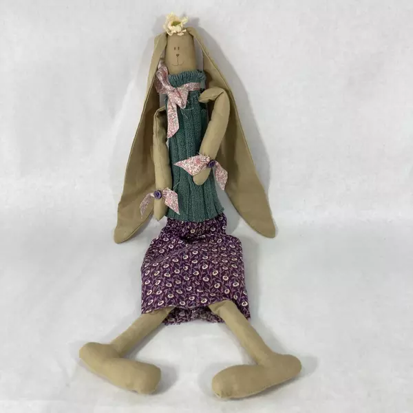 Lot of 2 Handcrafted Tan Cloth Rabbit Dolls Charming Collectibles