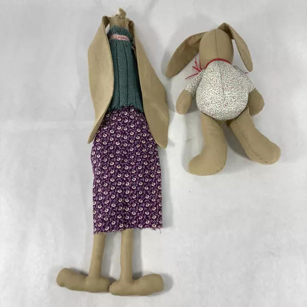 Lot of 2 Handcrafted Tan Cloth Rabbit Dolls Charming Collectibles