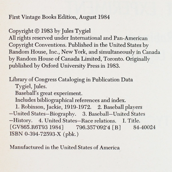 Baseball's Great Experiment Jackie Robinson and His Legacy Jules Tygiel 1984 PB