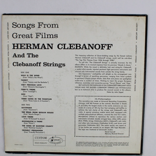 Herman Clebanoff Songs from Great Films Mercury Records 12" Vinyl