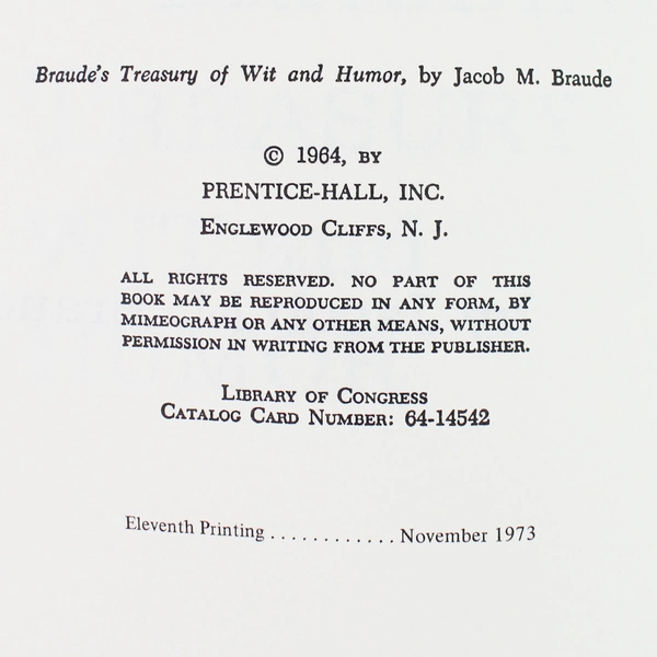 Braude's Treasury of Wit and Humor by Jacob M. Braude 1973 Paperback