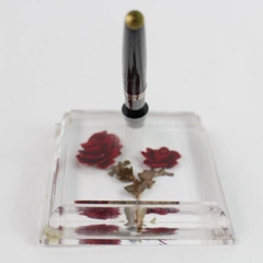 Vintage Lucite Paperweight And Pen Holder Art Deco With Dried Mini Roses