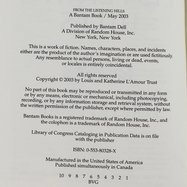 From the Listening Hills by Louis L'Amour 2003 Hardcover