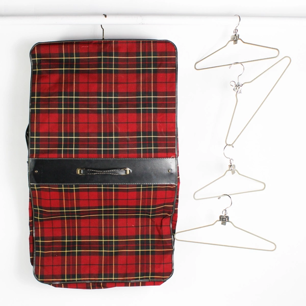 Vintage Car Sac 1960s Red Tartan Plaid Hanging Garment Bag with Hangers