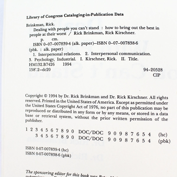 Dealing with People You Can't Stand by Brinkman & Kirschner 1994 PB