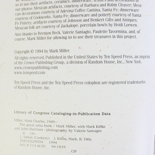 The Great Salsa Book: by Mark Miller 1994 Cookbook Paperback