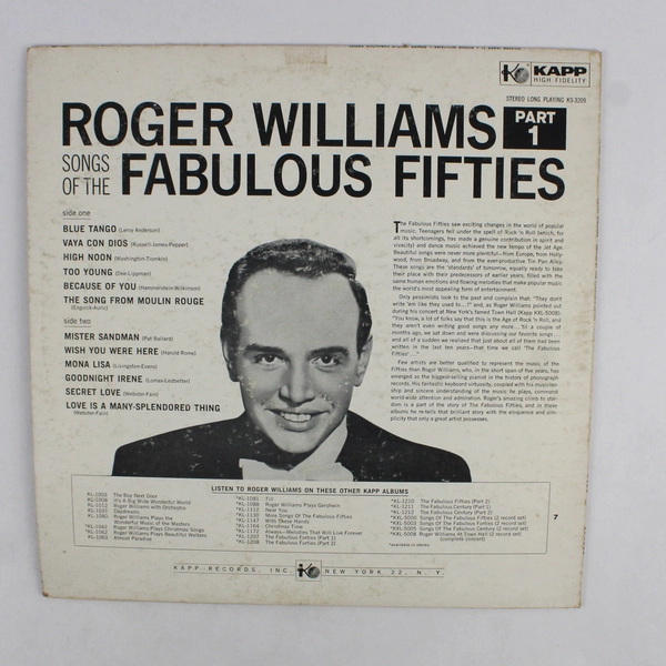 Roger Williams Record Songs of the Fabulous Fifties 1957 LP 12" Vinyl