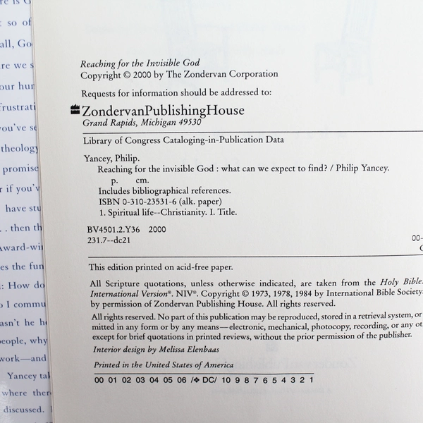 Reaching for the Invisible God by Philip Yancey 2000 Good Condition