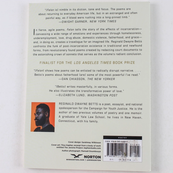 Felon Poems by Reginald Dwayne Betts 2020 Paperback - Good Condition