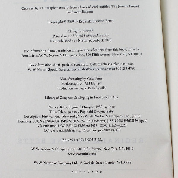 Felon Poems by Reginald Dwayne Betts 2020 Paperback - Good Condition