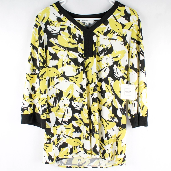 NWT Perseption Concept Chartreuse Black and White 3/4 Sleeve Top Women's Medium