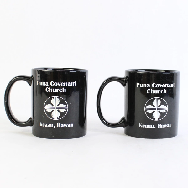 Set of 2 Black Ceramic Puna Covenant Church Keaau Hawaii Coffee Mugs
