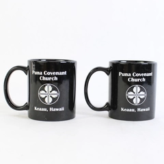 Set of 2 Black Ceramic Puna Covenant Church Keaau Hawaii Coffee Mugs