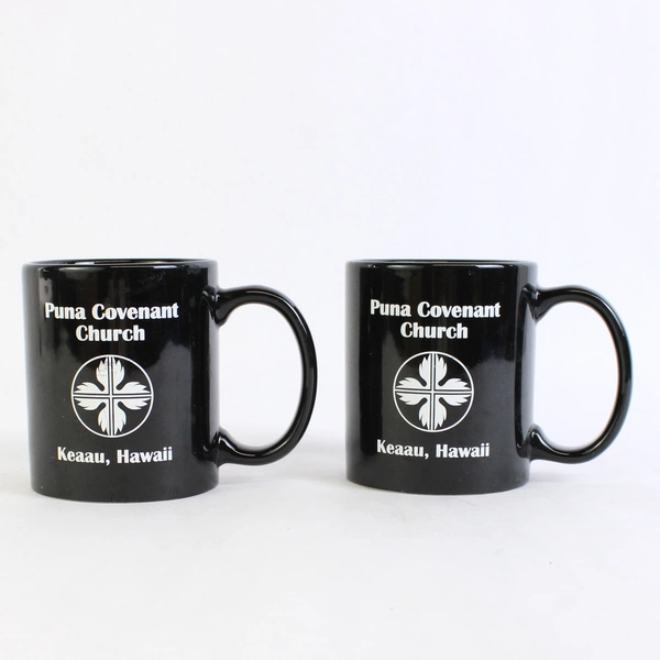 Set of 2 Black Ceramic Puna Covenant Church Keaau Hawaii Coffee Mugs