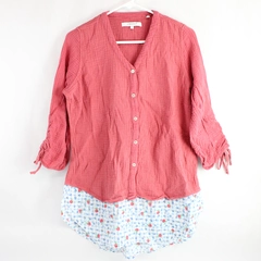Foxcroft NYC Red & Blue Strawberry Patterned Blouse Women's Medium