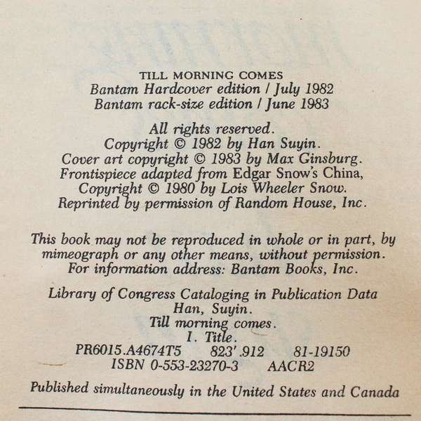 Vintage Till Morning Comes by Han Suyin 1983 Paperback Bantam Books