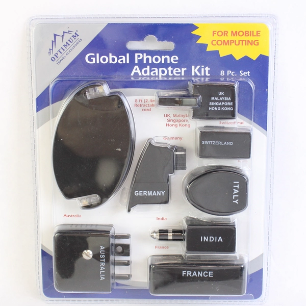 Optimum Global Phone Adapter Kit 8 Pc Set 7 Adapters 8 Foot Retractable Cord NIP