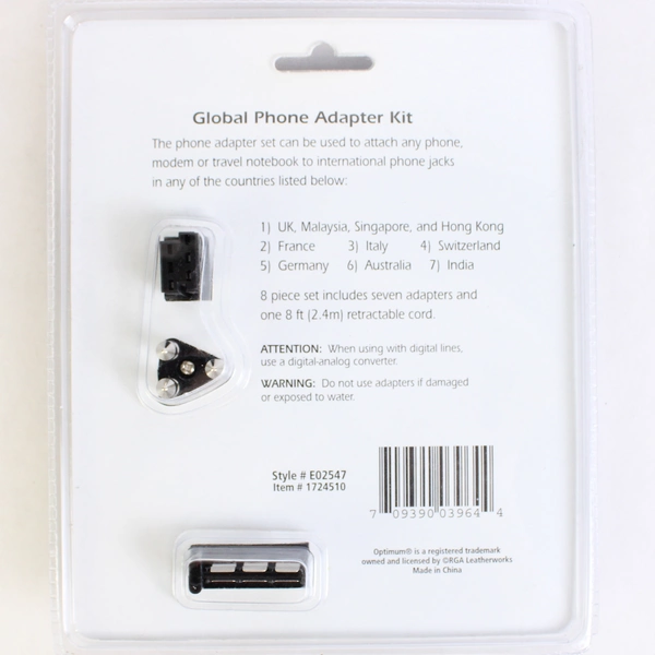 Optimum Global Phone Adapter Kit 8 Pc Set 7 Adapters 8 Foot Retractable Cord NIP