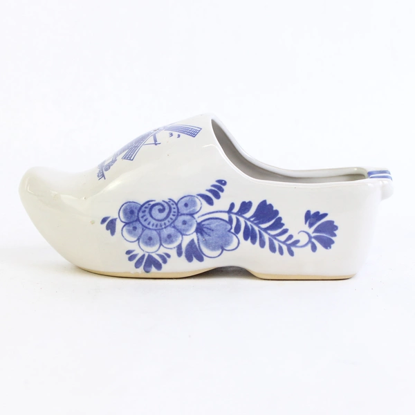 Gray Ceramic Dutch Clog Ashtray With A Hand Painted Blue Windmill And Flowers