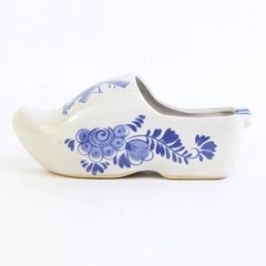 Gray Ceramic Dutch Clog Ashtray With A Hand Painted Blue Windmill And Flowers
