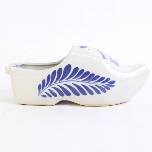 Gray Ceramic Dutch Clog Ashtray With A Hand Painted Blue Windmill And Flowers