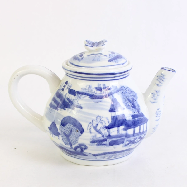 Butterfly Top Chinese Teapot Hand Painted Blue & White Floral