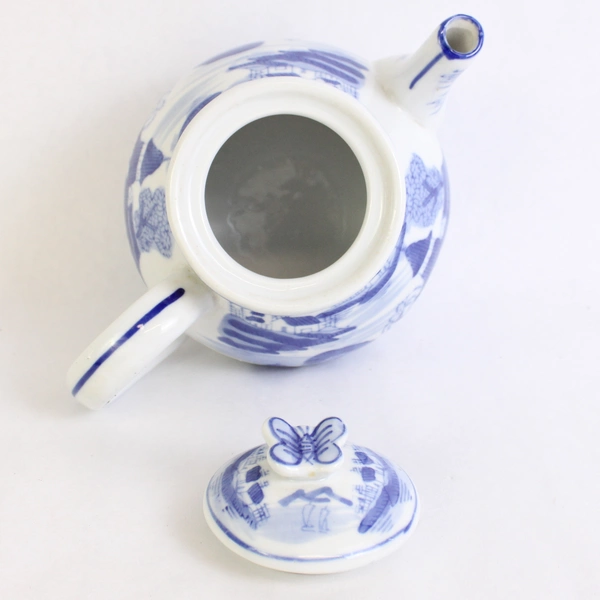 Butterfly Top Chinese Teapot Hand Painted Blue & White Floral