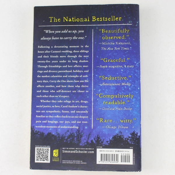 Carry the One by Carol Anshaw 2012 Paperback - Good Condition, Bestseller