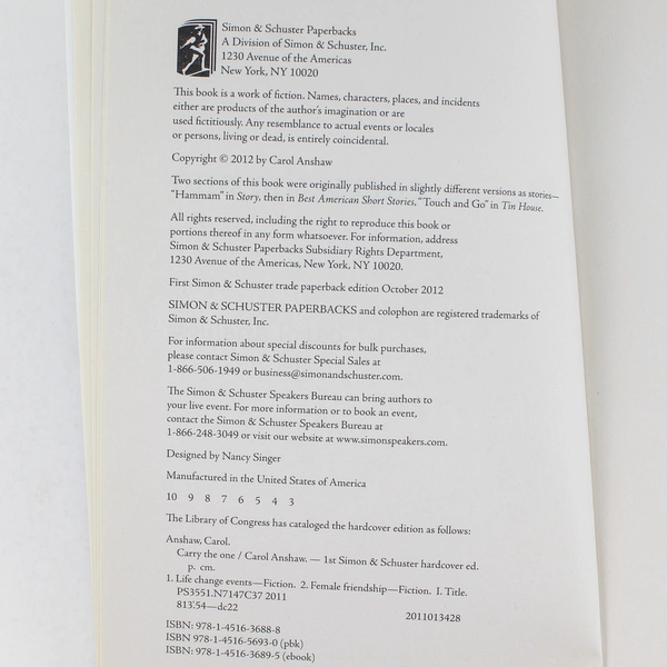 Carry the One by Carol Anshaw 2012 Paperback - Good Condition, Bestseller