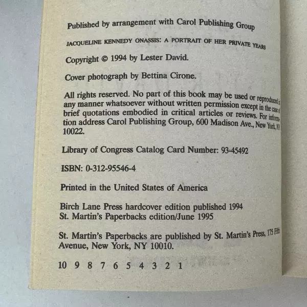 Jacqueline Kennedy Onassis: A Portrait of Her Private Years by Lester David 1995
