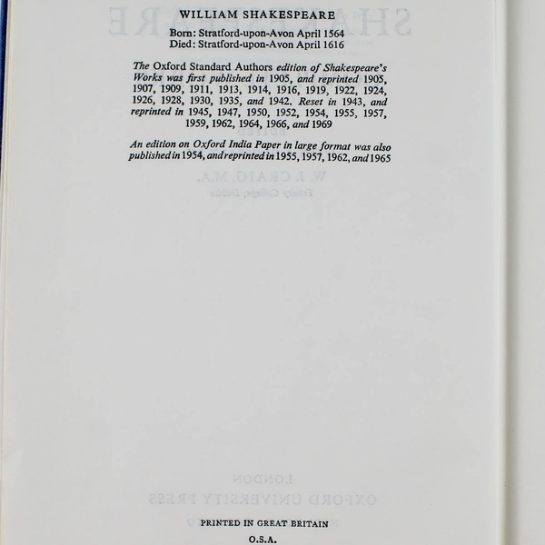 The Complete Works Of William Shakespeare Glossary WJ Craig 1969 HC