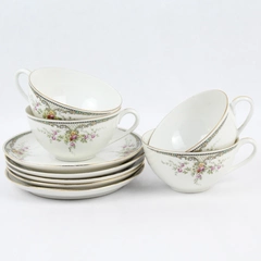 Lot of 4 Hutschenreuther Cups And 5 Saucers White With Pink Flowers Bavaria